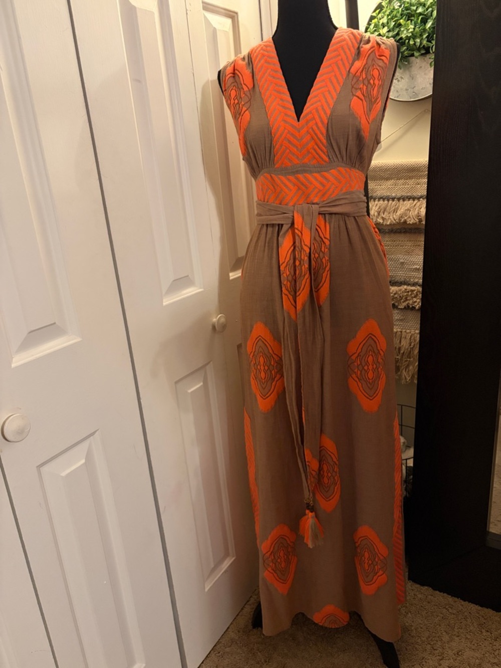 Nema Resort Wear Maxi Dress in Taupe with Vibrant Orange Geometric Pattern